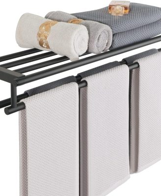Alise Towel Rack for Bathroom,Large Towel Holder Towel Shelf with Double Towel Bars for Bathroom Lavatory,SUS 304 Stainless Steel Wall Mount Towel Hanger,Matte Black,32 Inch