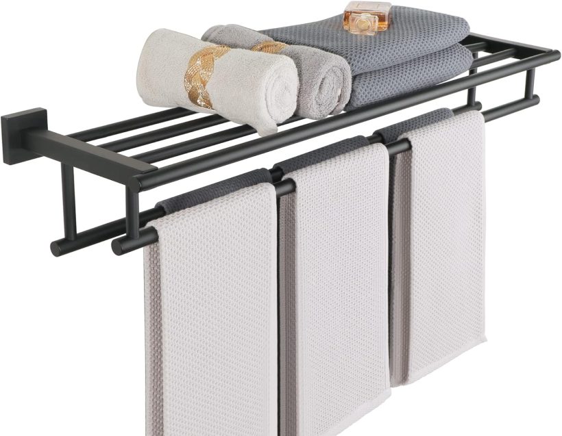 Alise Towel Rack for Bathroom,Large Towel Holder Towel Shelf with Double Towel Bars for Bathroom Lavatory,SUS 304 Stainless Steel Wall Mount Towel Hanger,Matte Black,32 Inch