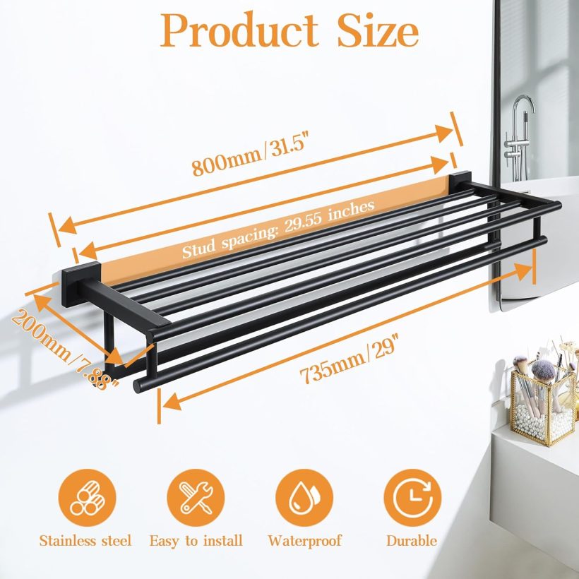 Alise Towel Rack for Bathroom,Large Towel Holder Towel Shelf with Double Towel Bars for Bathroom Lavatory,SUS 304 Stainless Steel Wall Mount Towel Hanger,Matte Black,32 Inch - Image 3