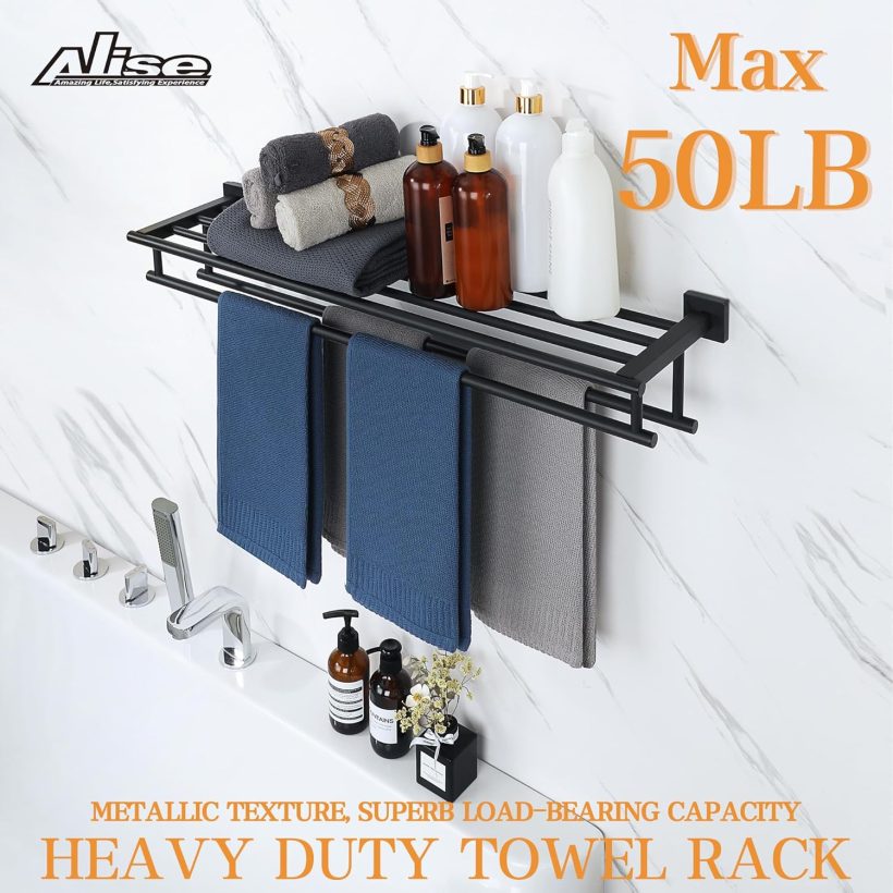Alise Towel Rack for Bathroom,Large Towel Holder Towel Shelf with Double Towel Bars for Bathroom Lavatory,SUS 304 Stainless Steel Wall Mount Towel Hanger,Matte Black,32 Inch - Image 5