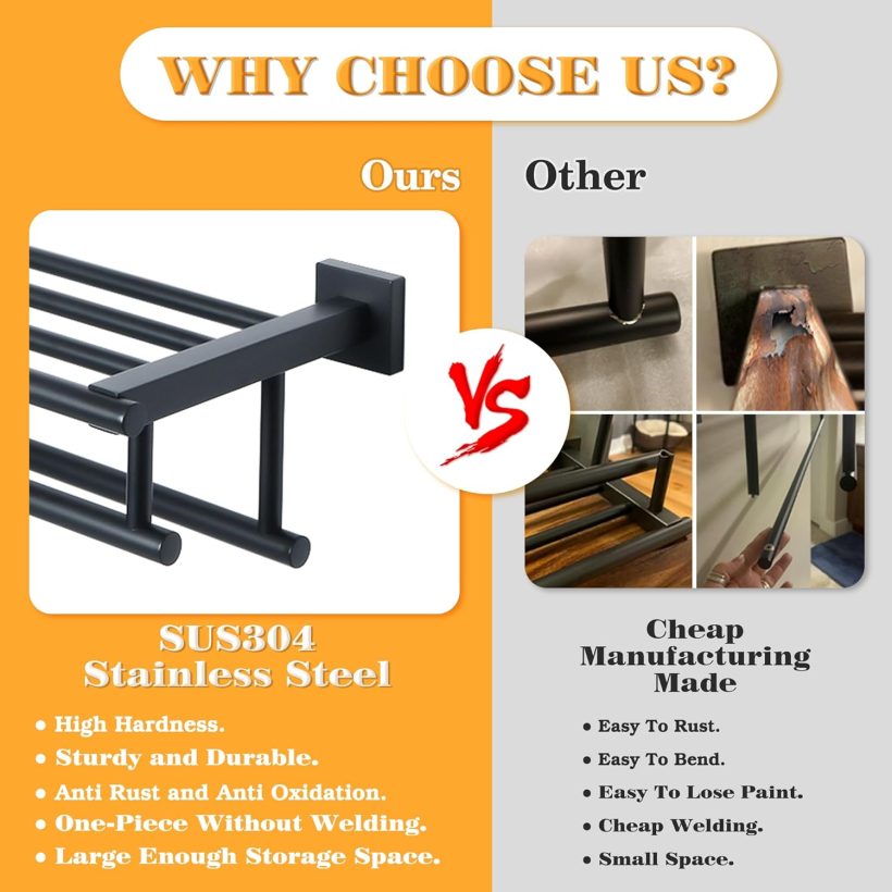 Alise Towel Rack for Bathroom,Large Towel Holder Towel Shelf with Double Towel Bars for Bathroom Lavatory,SUS 304 Stainless Steel Wall Mount Towel Hanger,Matte Black,32 Inch - Image 8
