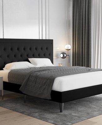 Allewie Full Size Upholstered Platform Bed Frame with Adjustable Headboard, Button Tufted, Wood Slat Support, Easy Assembly, Black