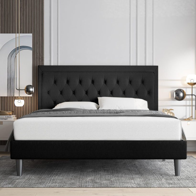 Allewie Full Size Upholstered Platform Bed Frame with Adjustable Headboard, Button Tufted, Wood Slat Support, Easy Assembly, Black - Image 3