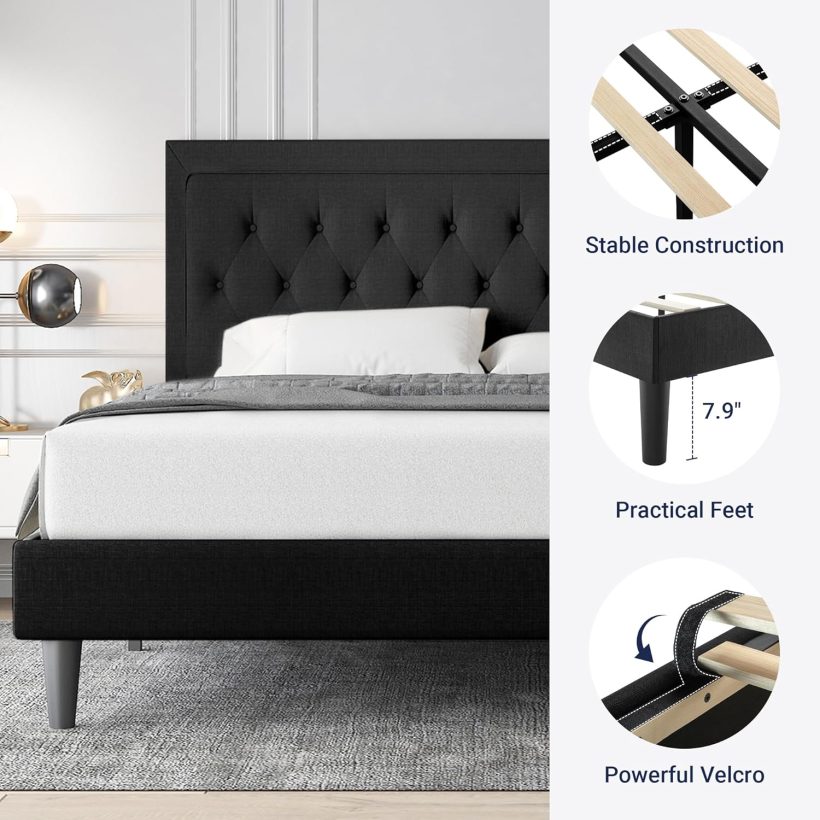 Allewie Full Size Upholstered Platform Bed Frame with Adjustable Headboard, Button Tufted, Wood Slat Support, Easy Assembly, Black - Image 5