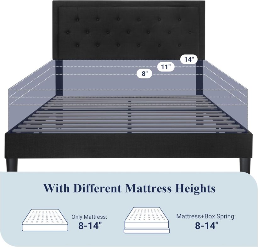 Allewie Full Size Upholstered Platform Bed Frame with Adjustable Headboard, Button Tufted, Wood Slat Support, Easy Assembly, Black - Image 6