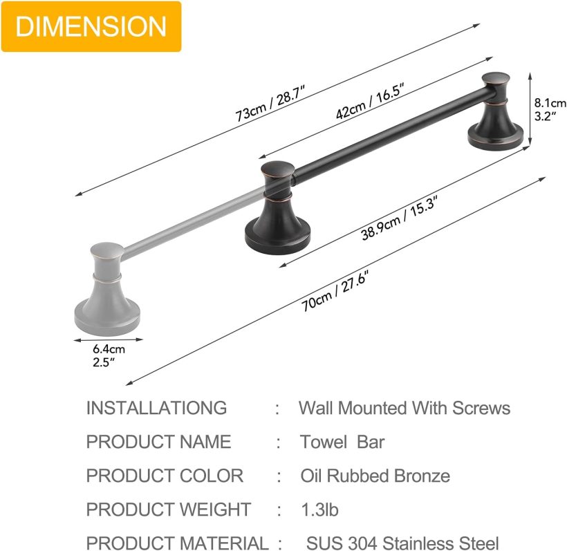 BESy Adjustable Bronze 16 to 28 Inch Bath Towel Bar Rack for Bathroom Towel Holder, Wall Mounted Towel Bar Rod Hanger Bathroom Hardware Accessories Hotel Style, Stainless Steel, Oil Rubbed Bronze - Image 5