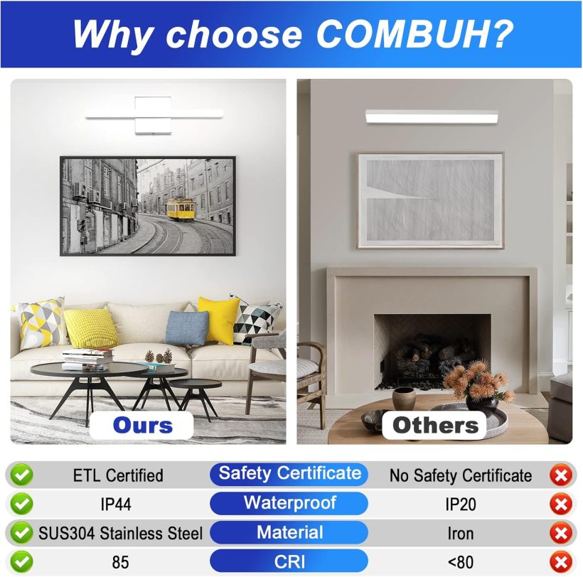 Combuh Modern Bathroom Light Fixtures Over Mirror 16 Inch IP44 9W Chrome Vanity Light Bar for Bathroom Wall Light Fixtures Cool White 6000K - Image 3
