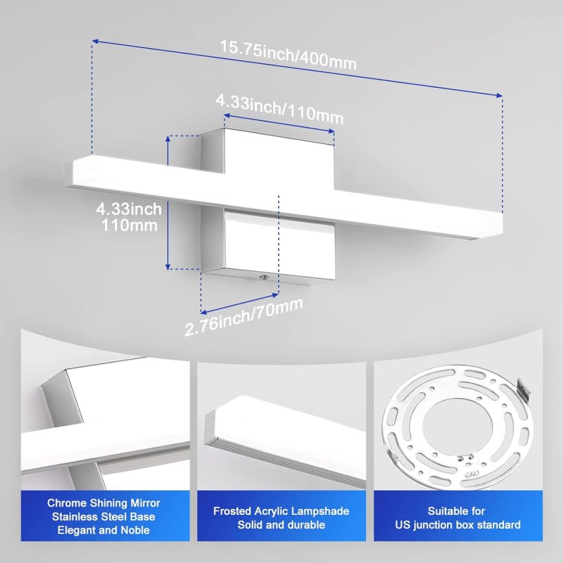 Combuh Modern Bathroom Light Fixtures Over Mirror 16 Inch IP44 9W Chrome Vanity Light Bar for Bathroom Wall Light Fixtures Cool White 6000K - Image 7