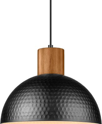 ELYONA 12" Hammered Metal Pendant Light, Rubber Wood Dome Hanging Lamp, Modern Pendant Light Fixtures for Kitchen Island, Bar, Farmhouse Dining Room, Bedroom, Hallway - Black