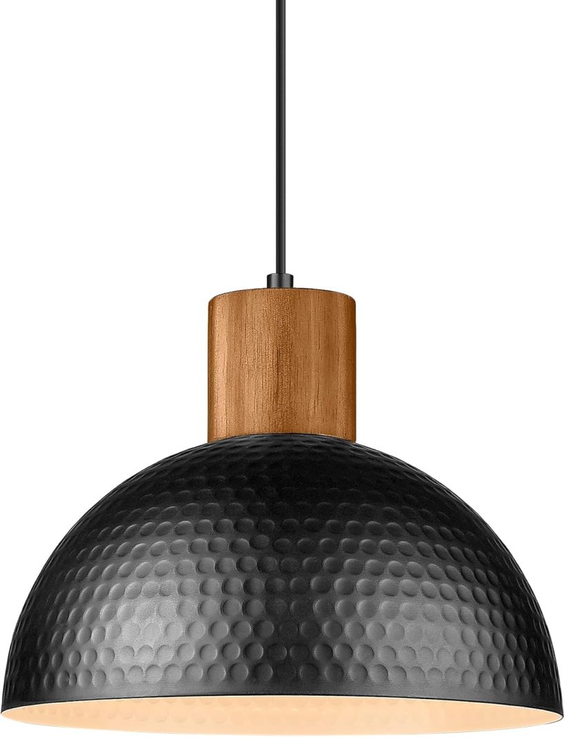 ELYONA 12" Hammered Metal Pendant Light, Rubber Wood Dome Hanging Lamp, Modern Pendant Light Fixtures for Kitchen Island, Bar, Farmhouse Dining Room, Bedroom, Hallway - Black
