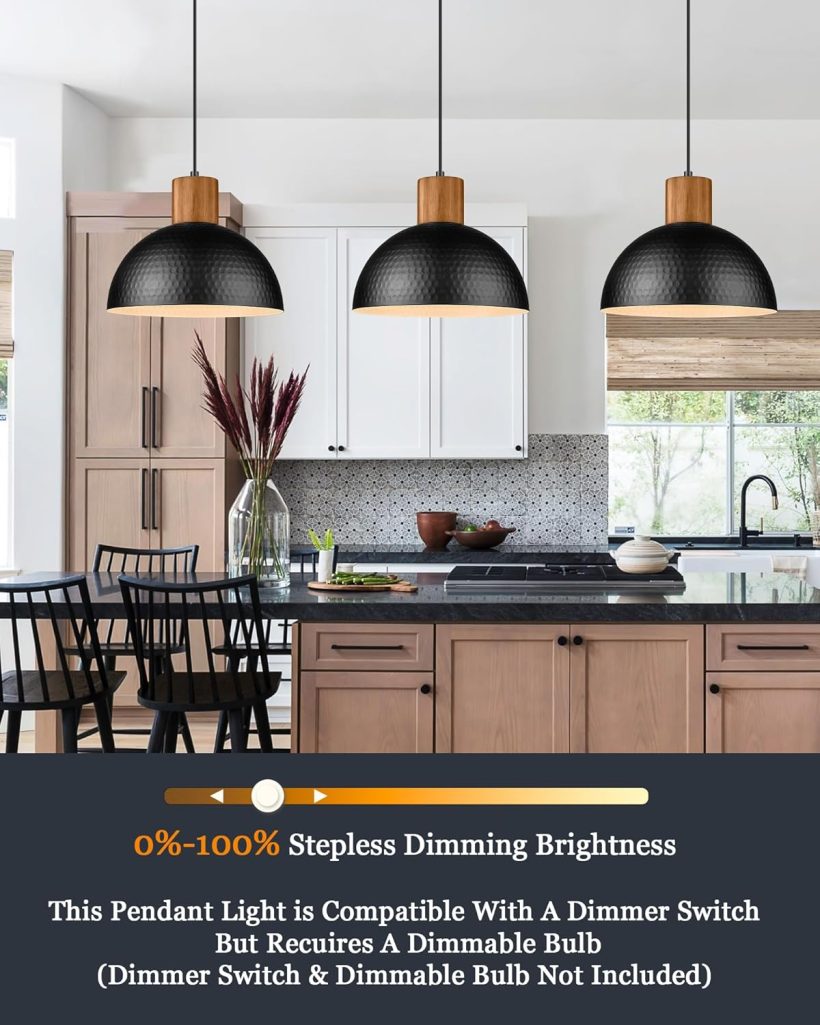 ELYONA 12" Hammered Metal Pendant Light, Rubber Wood Dome Hanging Lamp, Modern Pendant Light Fixtures for Kitchen Island, Bar, Farmhouse Dining Room, Bedroom, Hallway - Black - Image 2