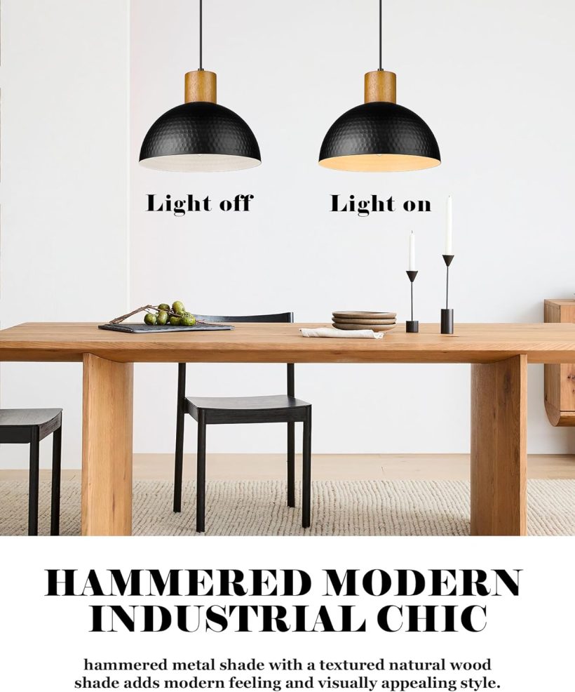 ELYONA 12" Hammered Metal Pendant Light, Rubber Wood Dome Hanging Lamp, Modern Pendant Light Fixtures for Kitchen Island, Bar, Farmhouse Dining Room, Bedroom, Hallway - Black - Image 4