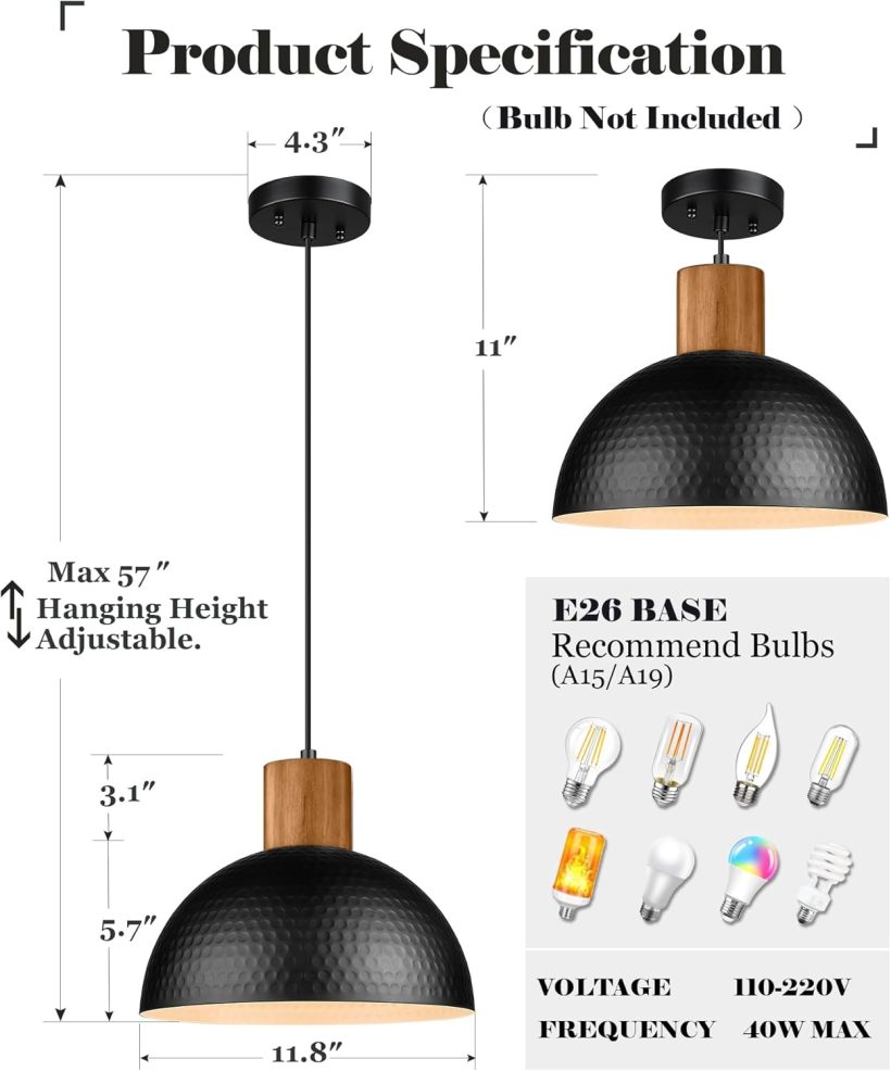 ELYONA 12" Hammered Metal Pendant Light, Rubber Wood Dome Hanging Lamp, Modern Pendant Light Fixtures for Kitchen Island, Bar, Farmhouse Dining Room, Bedroom, Hallway - Black - Image 5
