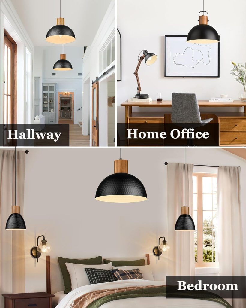 ELYONA 12" Hammered Metal Pendant Light, Rubber Wood Dome Hanging Lamp, Modern Pendant Light Fixtures for Kitchen Island, Bar, Farmhouse Dining Room, Bedroom, Hallway - Black - Image 6