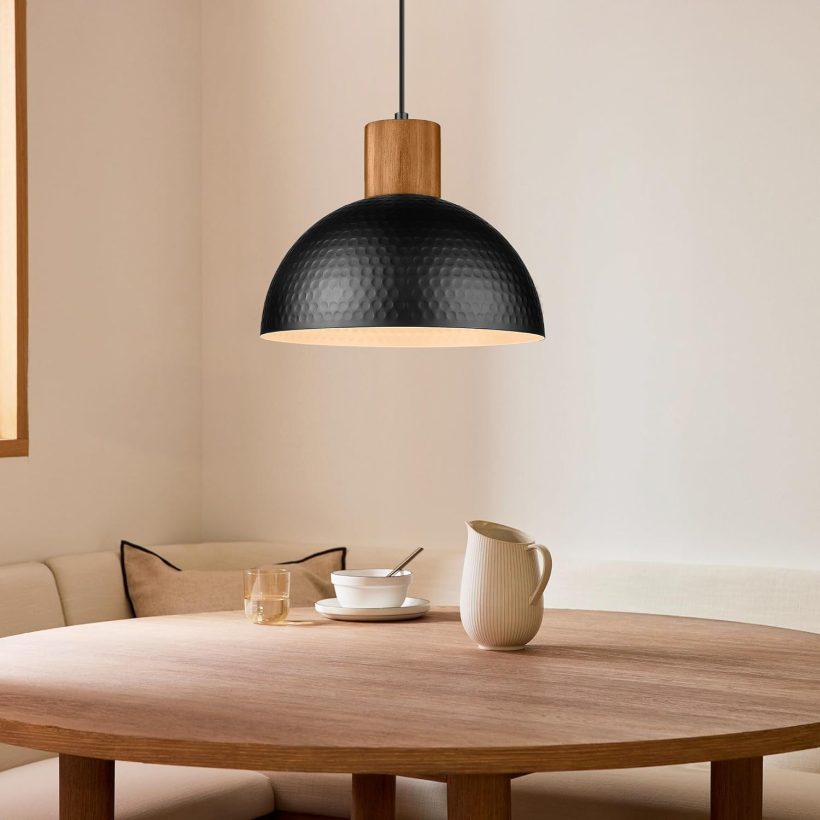 ELYONA 12" Hammered Metal Pendant Light, Rubber Wood Dome Hanging Lamp, Modern Pendant Light Fixtures for Kitchen Island, Bar, Farmhouse Dining Room, Bedroom, Hallway - Black - Image 8