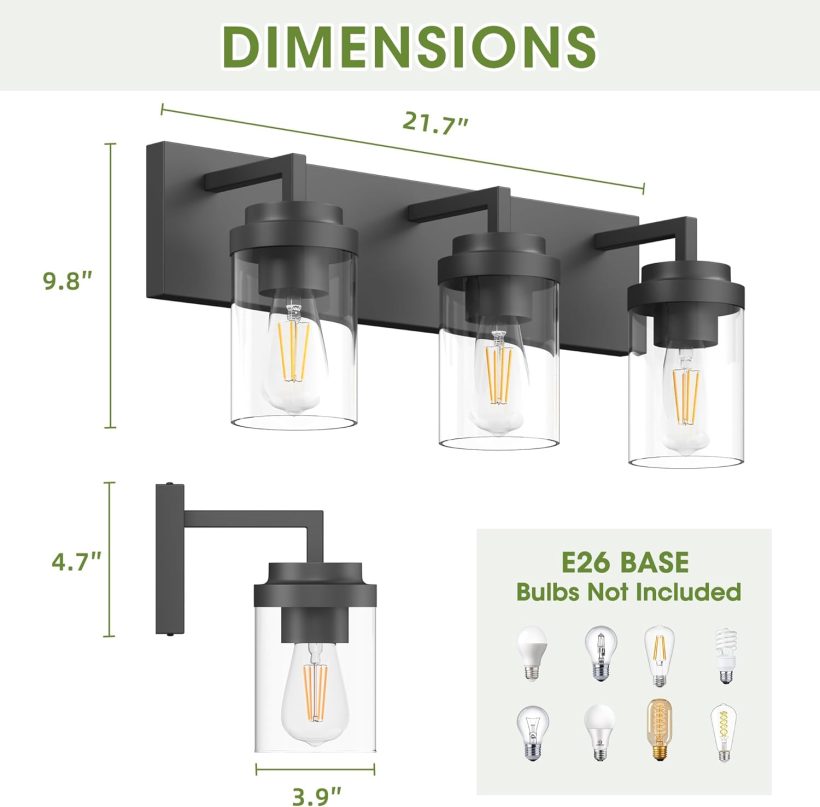 Espird Bathroom Vanity Light, 3 Light Matte Black Vanity Lights with Clear Glass Shade, 22in Modern Wall Sconces, Bathroom Lighting Fixtures Over Mirror for Living Room - Image 2