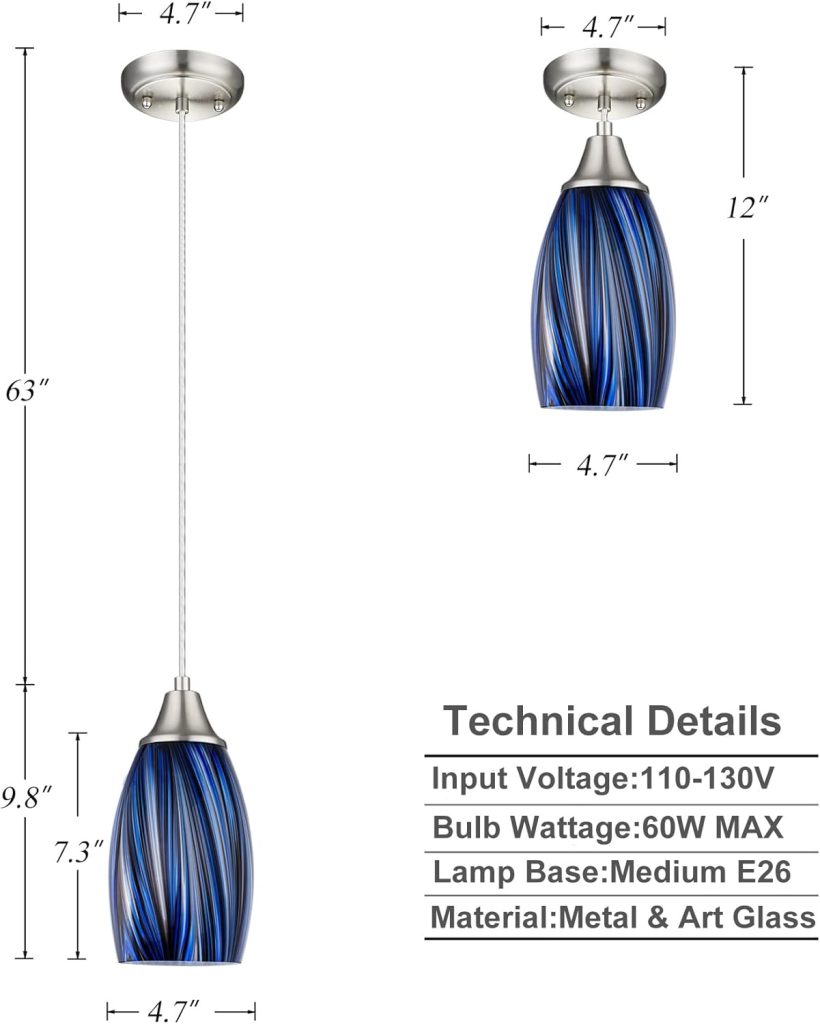 Mini Art Glass Dark Blue Pendant Lights Kitchen Island Hand Blown Mini Glass Pendant Lights with Brush Nickel Finish Adjustable Cord for Kitchen Over Sink,Hallway,Dining Room,Stairsway - Image 3