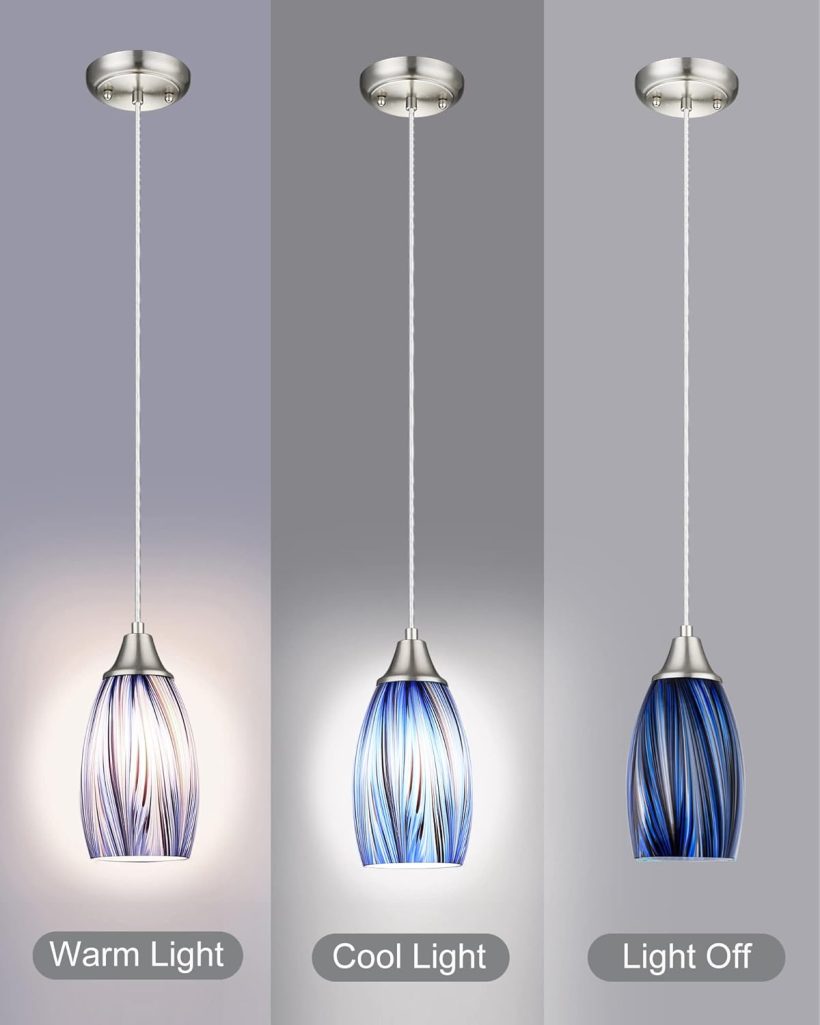 Mini Art Glass Dark Blue Pendant Lights Kitchen Island Hand Blown Mini Glass Pendant Lights with Brush Nickel Finish Adjustable Cord for Kitchen Over Sink,Hallway,Dining Room,Stairsway - Image 4