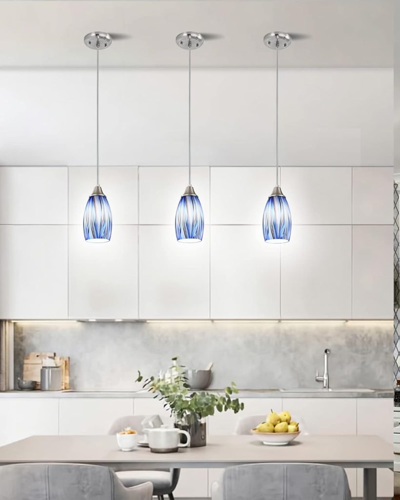 Mini Art Glass Dark Blue Pendant Lights Kitchen Island Hand Blown Mini Glass Pendant Lights with Brush Nickel Finish Adjustable Cord for Kitchen Over Sink,Hallway,Dining Room,Stairsway - Image 5