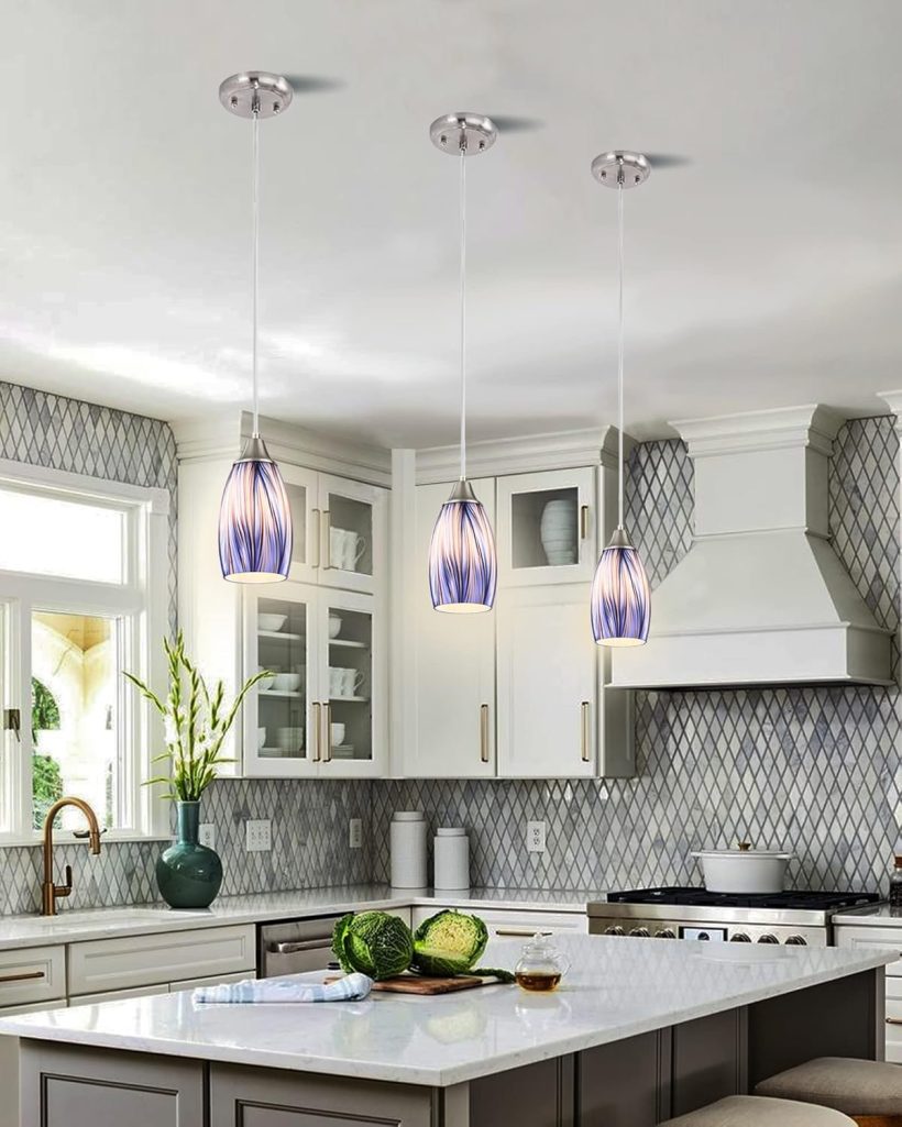 Mini Art Glass Dark Blue Pendant Lights Kitchen Island Hand Blown Mini Glass Pendant Lights with Brush Nickel Finish Adjustable Cord for Kitchen Over Sink,Hallway,Dining Room,Stairsway - Image 6