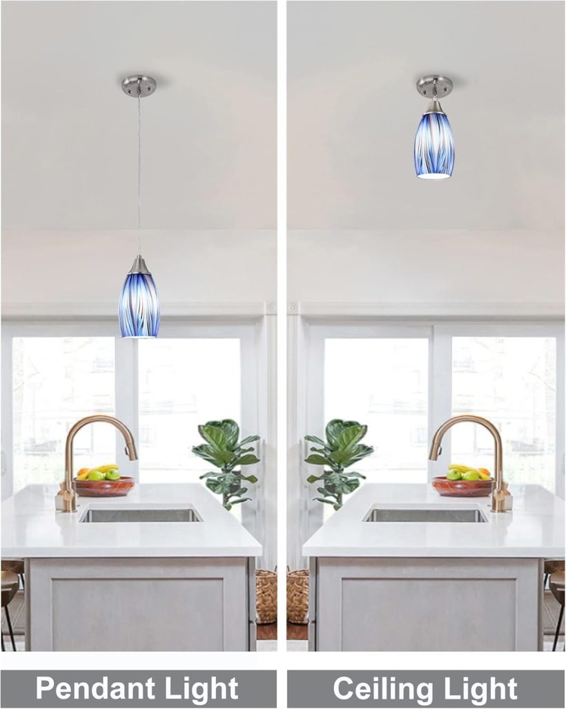 Mini Art Glass Dark Blue Pendant Lights Kitchen Island Hand Blown Mini Glass Pendant Lights with Brush Nickel Finish Adjustable Cord for Kitchen Over Sink,Hallway,Dining Room,Stairsway - Image 7