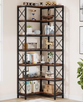 Tribesigns 7-Shelf Corner Bookshelf,Large Modern Corner Bookcase, 7-Tier Tall Corner Shelf Storage Display Rack with Metal Frame for Living Room Home Office (Rustic Brown)