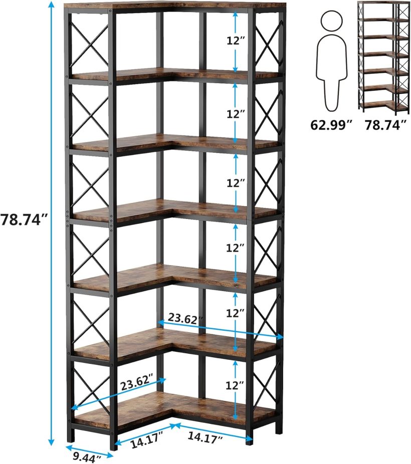 Tribesigns 7-Shelf Corner Bookshelf,Large Modern Corner Bookcase, 7-Tier Tall Corner Shelf Storage Display Rack with Metal Frame for Living Room Home Office (Rustic Brown) - Image 2