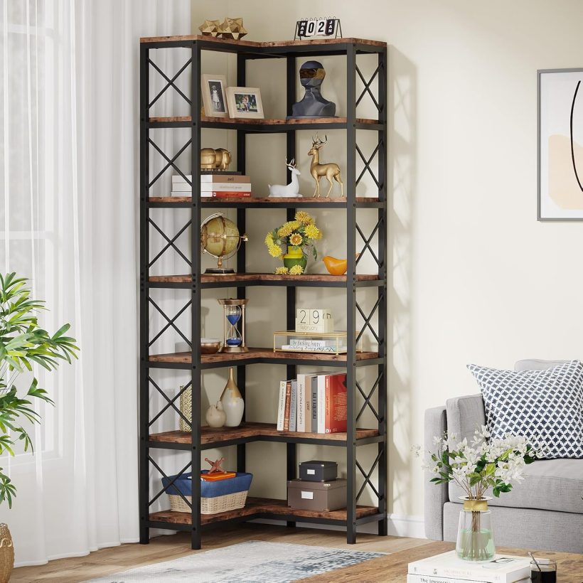 Tribesigns 7-Shelf Corner Bookshelf,Large Modern Corner Bookcase, 7-Tier Tall Corner Shelf Storage Display Rack with Metal Frame for Living Room Home Office (Rustic Brown) - Image 3