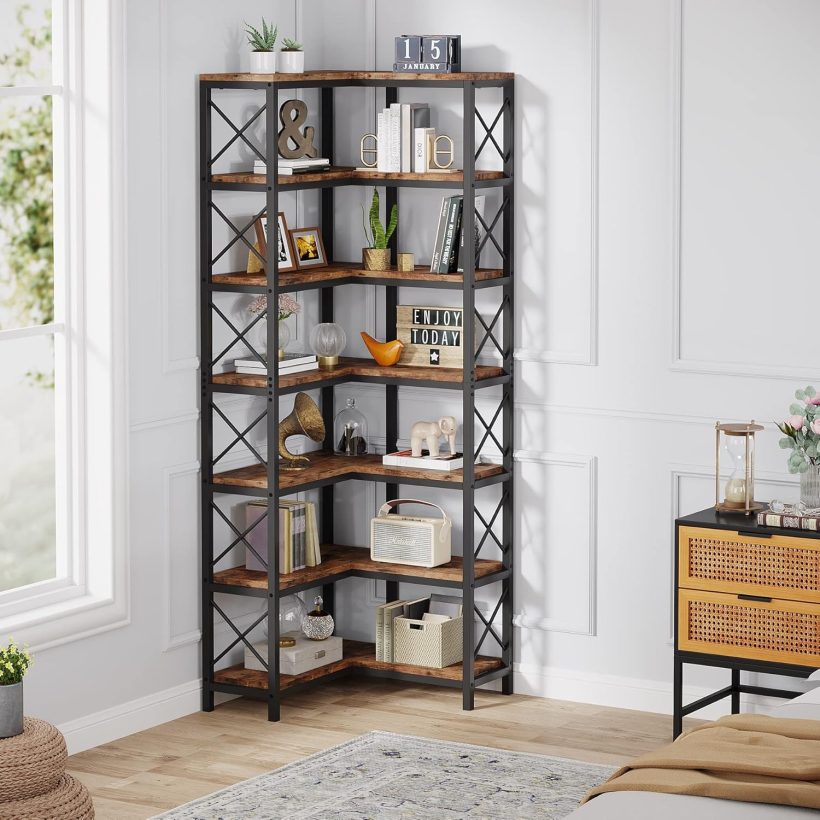 Tribesigns 7-Shelf Corner Bookshelf,Large Modern Corner Bookcase, 7-Tier Tall Corner Shelf Storage Display Rack with Metal Frame for Living Room Home Office (Rustic Brown) - Image 4