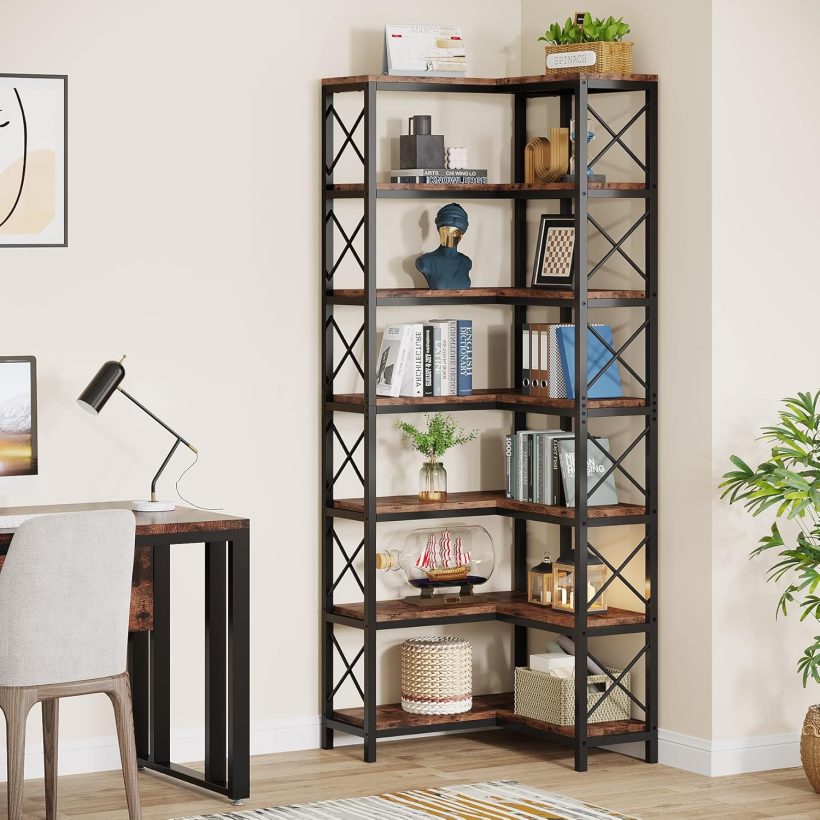 Tribesigns 7-Shelf Corner Bookshelf,Large Modern Corner Bookcase, 7-Tier Tall Corner Shelf Storage Display Rack with Metal Frame for Living Room Home Office (Rustic Brown) - Image 5